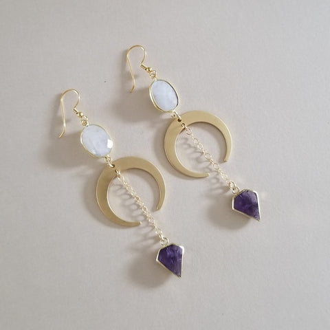 Handmade Bohemian Moonstone and Amethyst Crescent Moon Earrings, Gift for Her