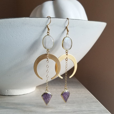 Handmade Bohemian Moonstone and Amethyst Crescent Moon Earrings, Boho Jewelry Gifts for Women