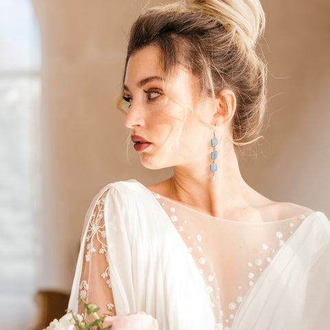 Bride Earrings, Long Blue Opal and Pearl Earrings for Brides, Wedding Day Jewelry, Handmade Gemstone Earrings, Statement Earrings