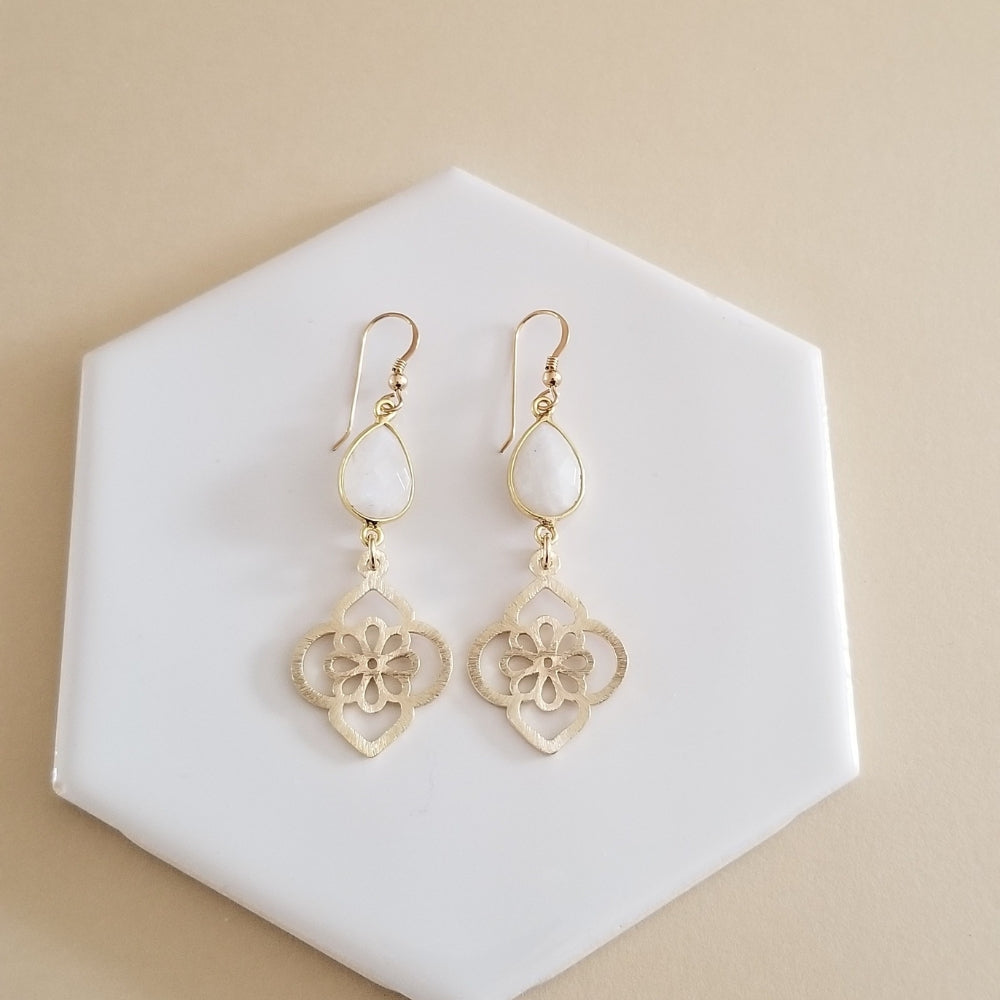 Brushed Silver or Gold Moonstone Floral Earrings, Statement Earrings