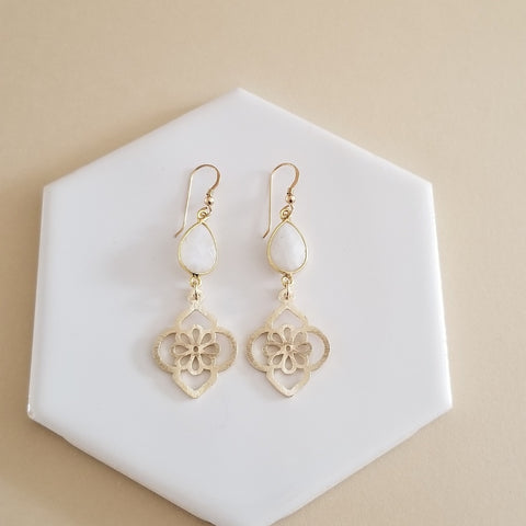 Brushed Silver or Gold Moonstone Floral Earrings, Statement Earrings