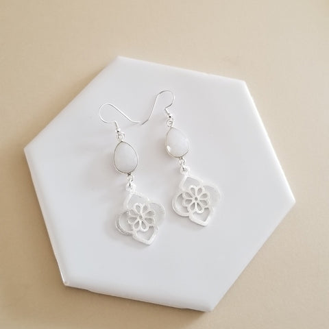 Brushed Silver or Gold Moonstone Floral Earrings, Statement Earrings