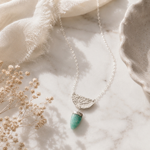Half Moon Amazonite Pendant Necklace, Everyday Statement Necklace