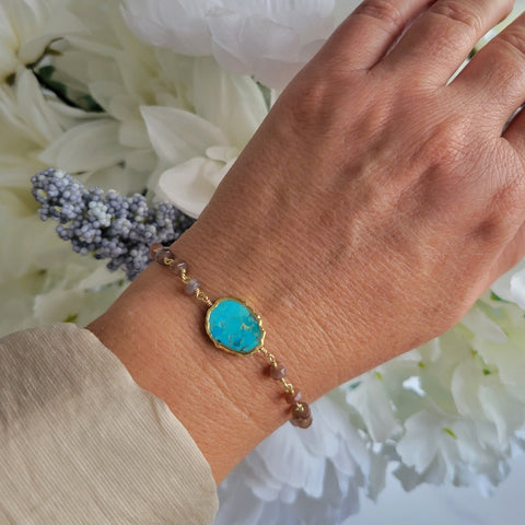 Boho Beaded Chocolate Moonstone and Turquoise Bracelet