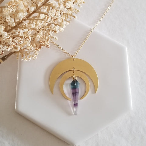 Bold Crescent Moon with Fluorite Pendant Necklace, Boho Moon Necklace