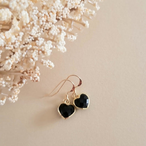 Ultra Dainty Black Onyx Heart Earrings