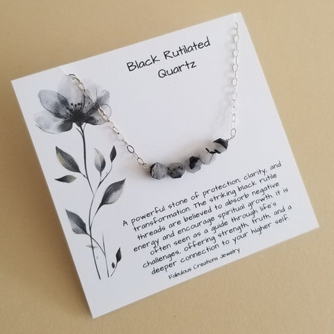 Dainty Black Rutilated Quartz Necklace, Row of Gemstones Necklace