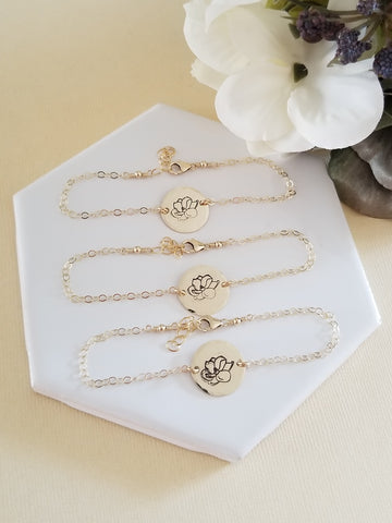 Gold Magnolia FLower Bracelets, Hand Stamped Charm Bracelets, Flower Jewelry, Layering Bracelet