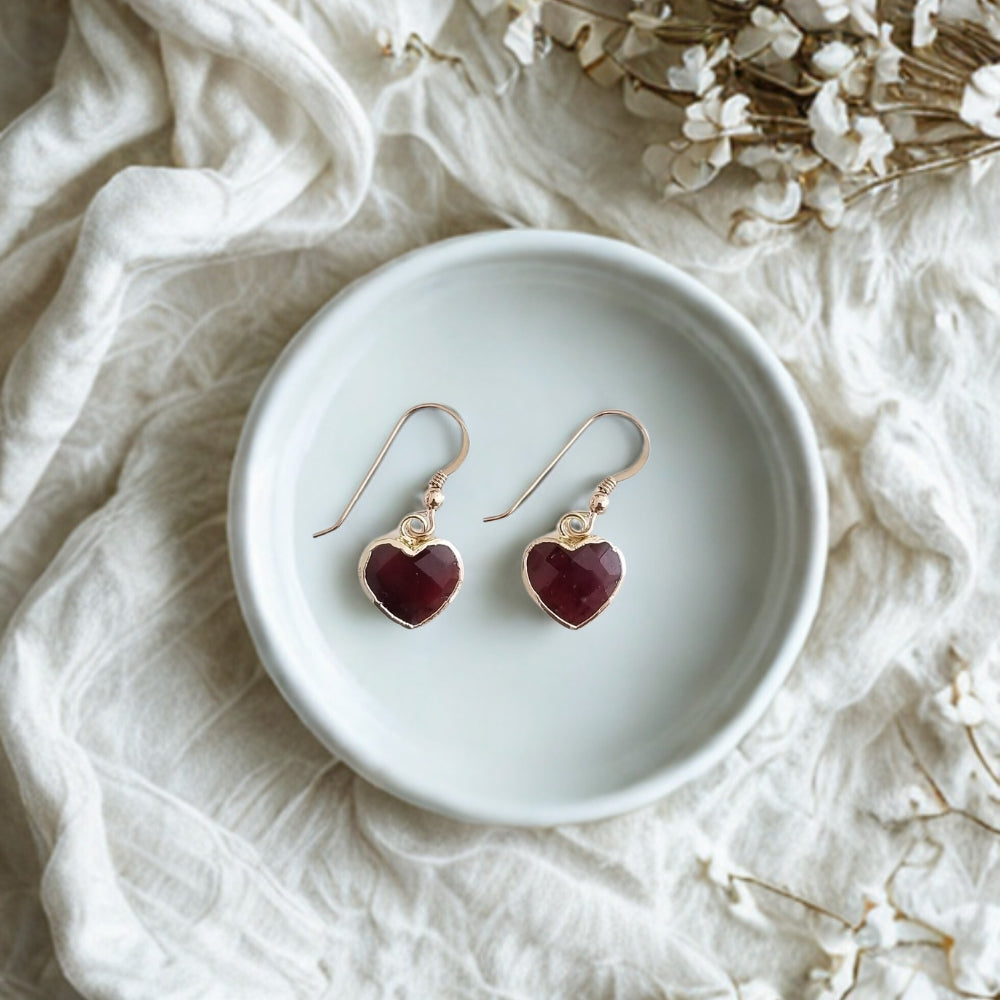 Dainty Garnet Heart Earrings for women, Valentine Day Gift for Her