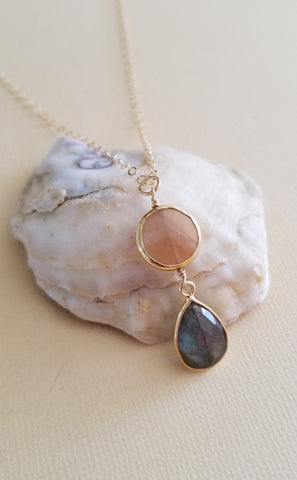 Gold Peach Moonstone and Labradorite Pendant Necklace