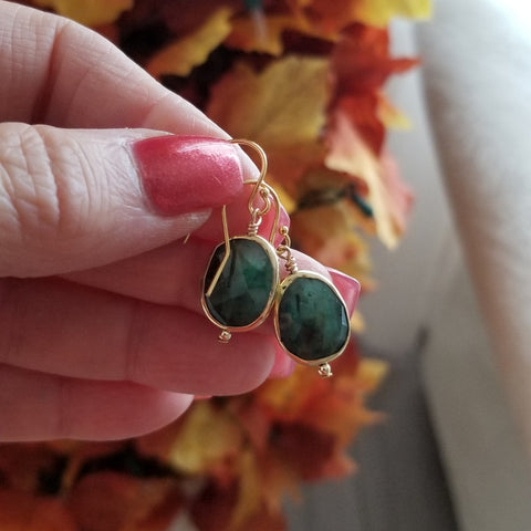 Dainty Gold Emerald Earrings, Handmade Gemstone Earrings