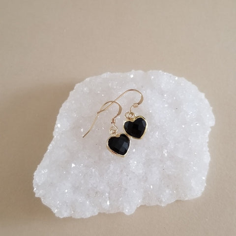 Ultra Dainty Black Onyx Heart Earrings