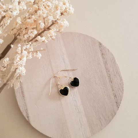 Ultra Dainty Black Onyx Heart Earrings, Minimalist Jewelry