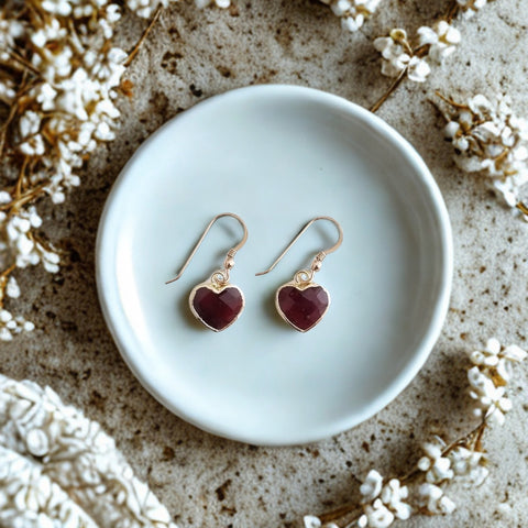 Dainty Garnet Heart Earrings for women, Gift Idea for Her