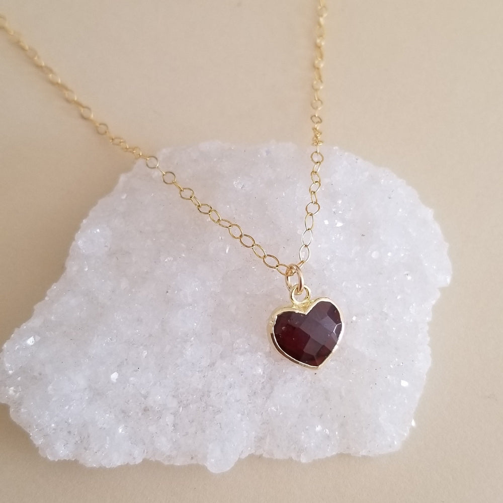 Dainty Gold Garnet Heart Pendant Necklace