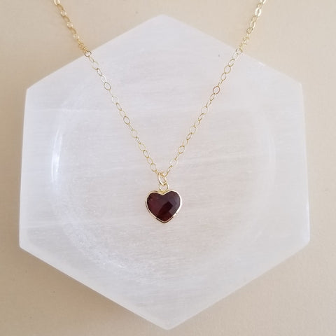 Dainty Gold Garnet Heart Pendant Necklace, Thin Gold Chain, Gift Idea for Her