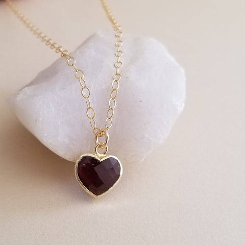 Dainty Gold Garnet Heart Pendant Necklace