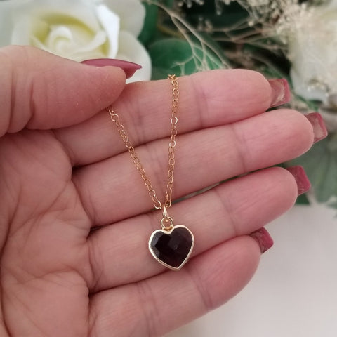 Teacher Gift, Dainty Garnet Heart Necklace, Stainless Steel Waterproof Chain