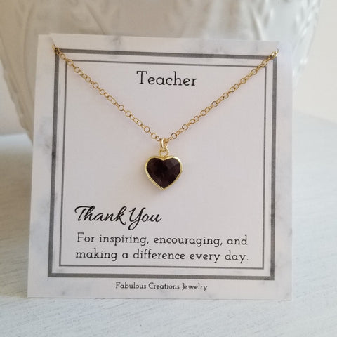 Teacher Gift, Dainty Garnet Heart Necklace, Stainless Steel Waterproof Chain