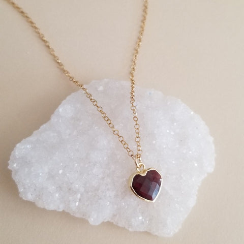 Teacher Gift, Dainty Garnet Heart Necklace, Stainless Steel Waterproof Chain