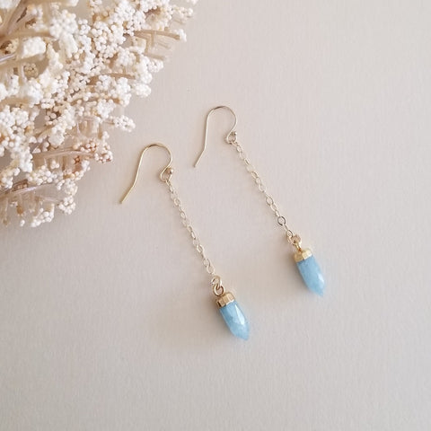 Gold Aquamarine Earrings, Dainty Long Chain Earrings with Aquamarine Spike Stone