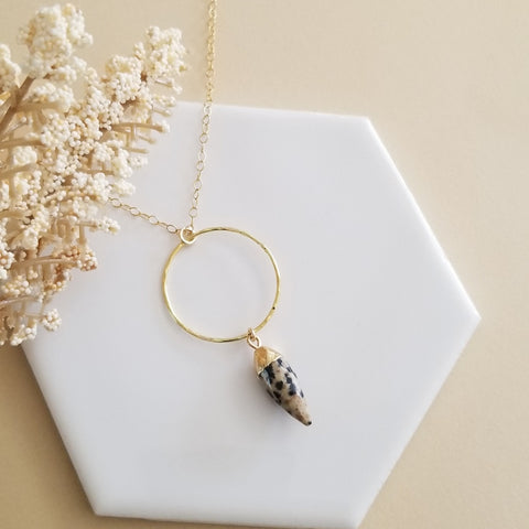 Gold Circle with Dalmation Jasper Pendant Necklace, Boho Stone Necklace
