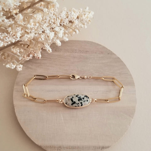 Dalmation Jasper Bracelet, Gold Stainless Steel Waterproof Bracelet, Jewelry Gift for Her