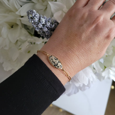 Dalmation Jasper Bracelet, Gold Stainless Steel Waterproof Bracelet