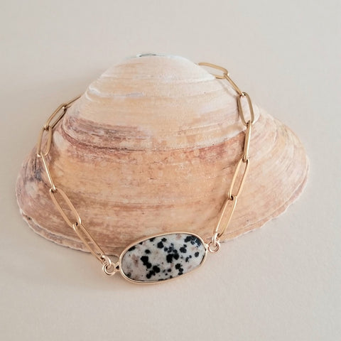 Dalmation Jasper Bracelet, Gold Stainless Steel Waterproof Bracelet