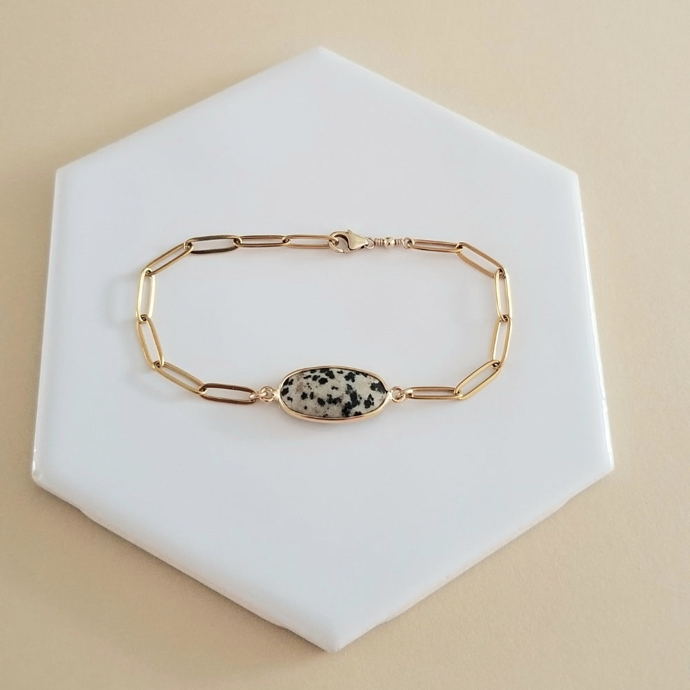 Dalmation Jasper Bracelet, Gold Stainless Steel Waterproof Bracelet