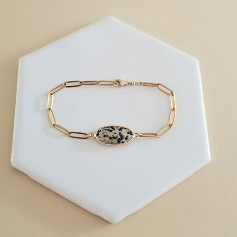 Dalmation Jasper Bracelet, Gold Stainless Steel Waterproof Bracelet