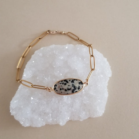 Dalmation Jasper Bracelet, Gold Stainless Steel Waterproof Bracelet for Women