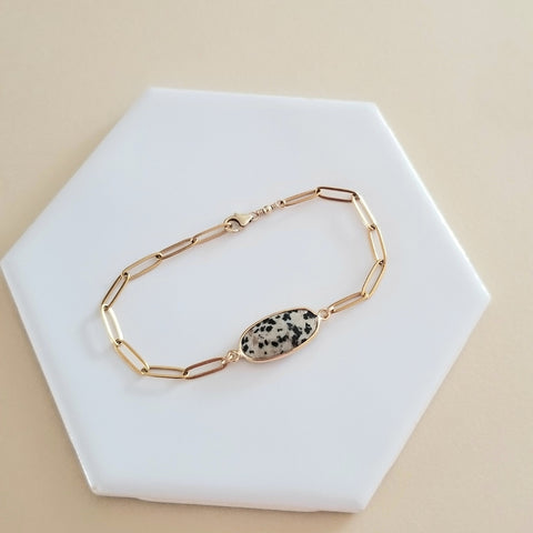 Dalmation Jasper Bracelet, Gold Stainless Steel Waterproof Bracelet, One of a kind stone bracelet