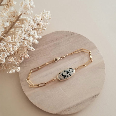 Handmade Dalmation Jasper Bracelet, Gold Stainless Steel Waterproof Bracelet