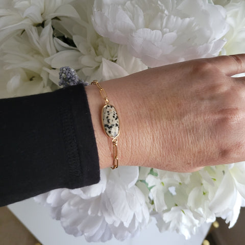 Dalmation Jasper Bracelet, Gold Stainless Steel Waterproof Bracelet, Gift for Her