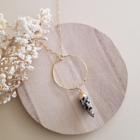 Gold Circle with Dalmation Jasper Pendant Necklace, Boho Stone Necklace