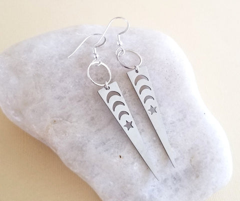 Silver Triangle Earrings, Moon Earrings, Boho Dangle Earrings