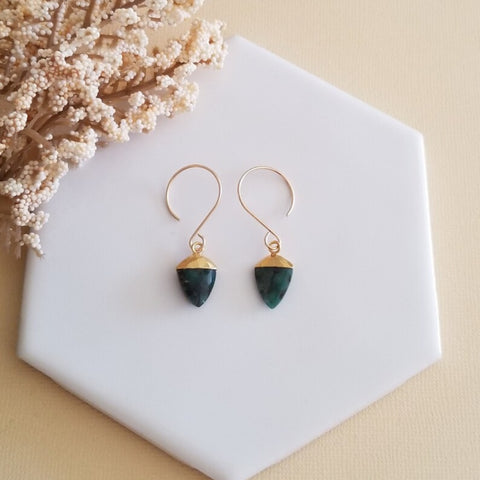 Gold Emerald Earrings, Dainty Gemstone Danglers