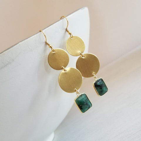 Emerald Earrings, Long Gemstone Earrings, Natural Emerald Dangle Earrings, Handmade Raw Brass Drop Earrings