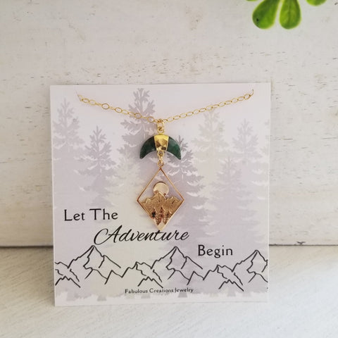 Mountains Pendant Necklace with Emerald Crescent Moon, Gift for Her