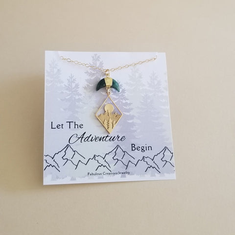 Mountains Pendant Necklace with Emerald Crescent Moon