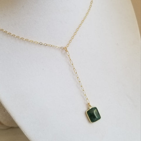 Gold Emerald Y Necklace, Boho Center Drop Pendant Necklace, Gold Filled Chain Necklace, Gift for Her