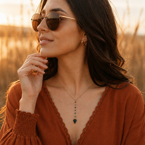 Gold Emerald Center Drop Necklace, Y Style Necklace