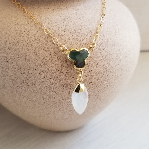 Dainty Gold Emerald and Moonstone Necklace, Mothers Day Gift