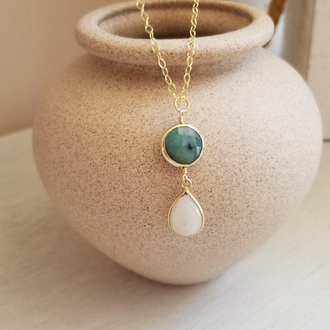 Emerald and Moonstone Pendant Necklace, Dainty Gold Chain Necklace
