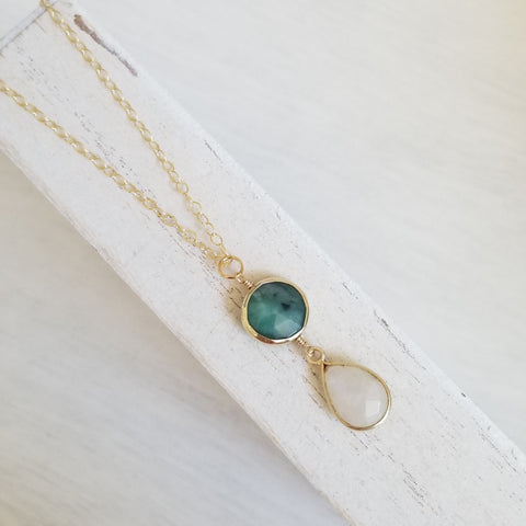 Emerald and Moonstone Pendant Necklace, Dainty Gold Chain Necklace