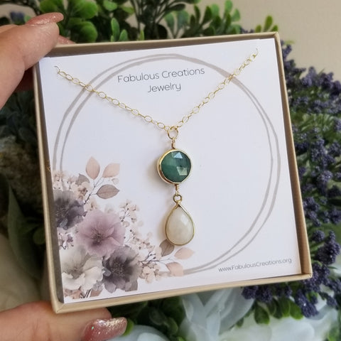 Emerald and Moonstone Pendant Necklace, Dainty Gold Chain Necklace
