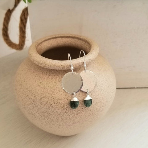 Silver Emerald Dangle Earrings, Hammered Earrings, May Birthstone