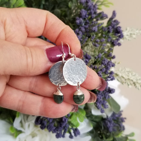 Silver Emerald Dangle Earrings, Hammered Earrings, May Birthstone