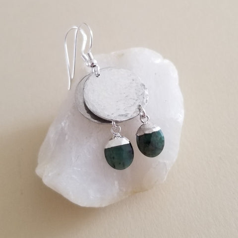 Emerald Earrings, Silver Emerald Dangle Earrings, Silver Hammered Earrings, Emerald Jewelry, Handmade Emerald Drop Earrings, May Birthstone